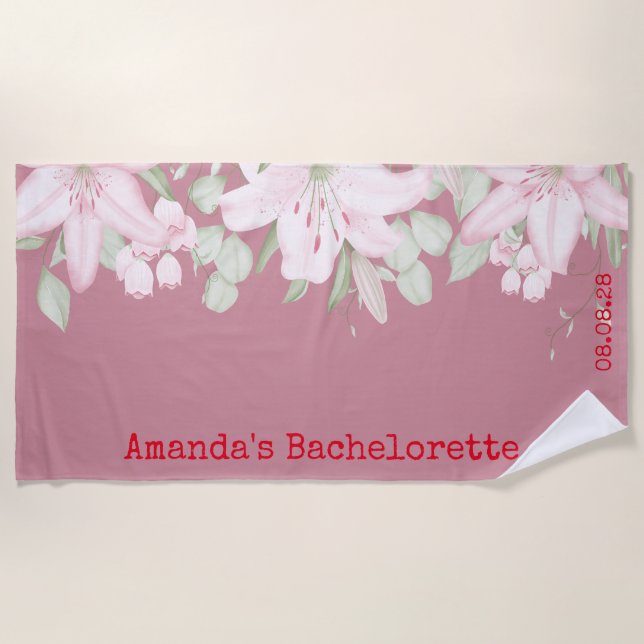 Custom Personalised Pink White Floral Bachelorette Beach Towel (Front)
