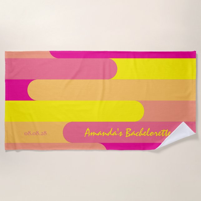 Custom Personalised Pink Yellow Bachelorette  Beach Towel (Front)