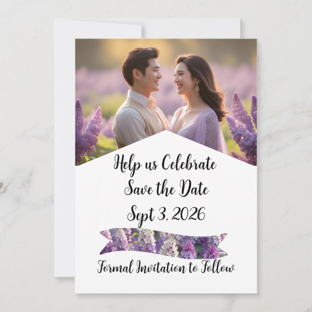 Custom Personalised Purple Lilac Save The Date (Front)