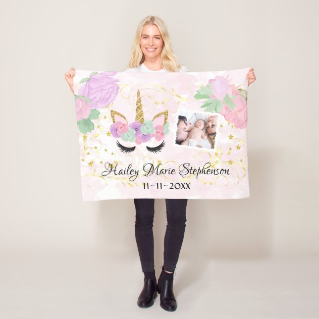 Custom Personalised Unicorn Baby Girls Photo Fleece Blanket (In Situ)