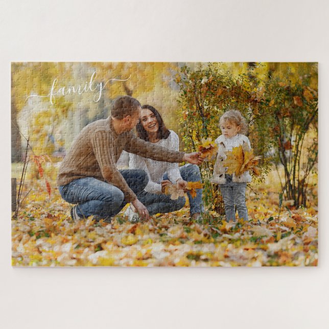 Custom Personalize Photo Template w/ Family Text Jigsaw Puzzle (Horizontal)