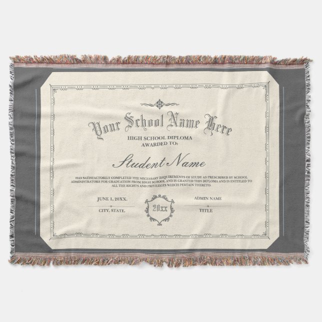 Custom Personalized Diploma Traditional Charcoal Throw Blanket (Front)
