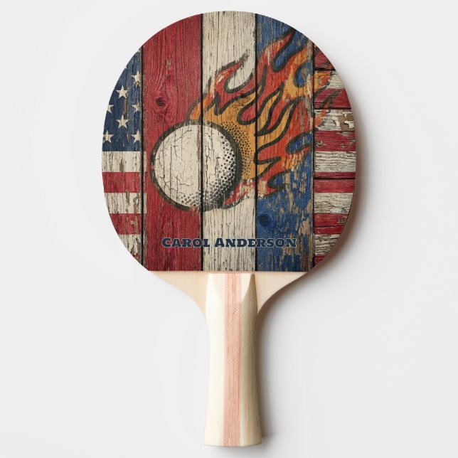 Custom Personalized Rustic Wood USA Flag Fire Ball Ping Pong Paddle (Front)