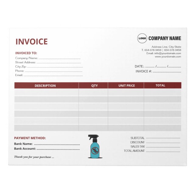 Custom Pest Control Invoice Template Notepad (Front)