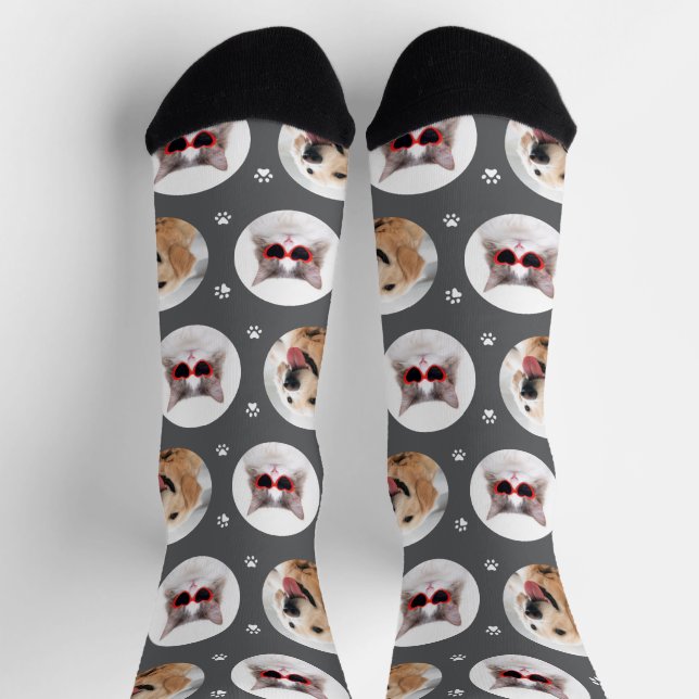 Custom Pet 2 Photo Dark Grey Paw Print Socks (Top)