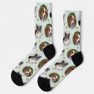 Custom Pet 2 Photo Heart Mint White Paw Print Socks