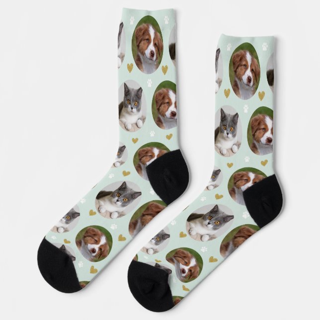 Custom Pet 2 Photo Heart Mint White Paw Print Socks (Left)