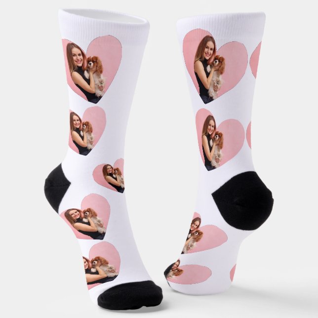 Custom Pet 2 Photo Heart  White Paw Girl Socks (Angled)