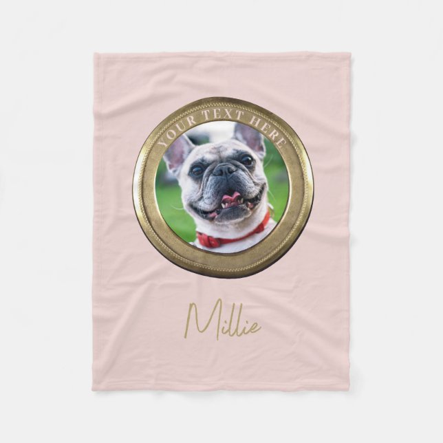 Custom Pet 2 Photo & Text Navy Blush Pink  Fleece Blanket (Front)