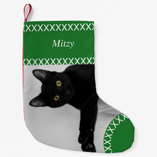 Custom Pet Black Cat photo Christmas green Small Christmas Stocking (Front)