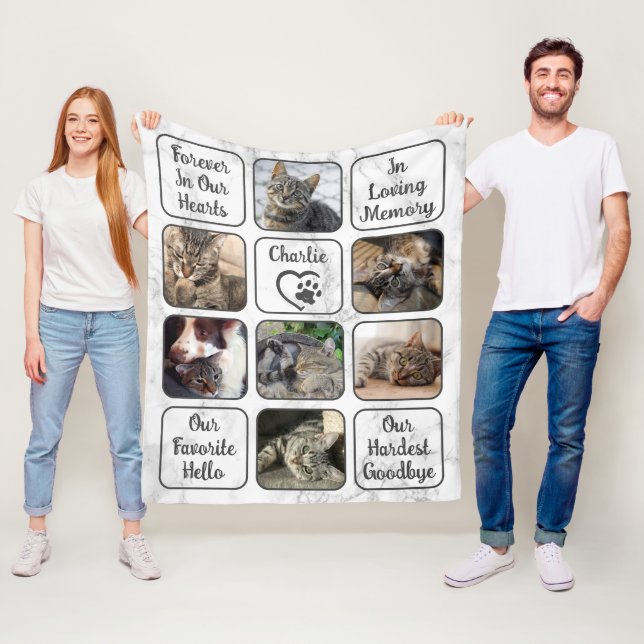 Custom Pet Cat Memorial 7 Photo Marble Your Text  Fleece Blanket (In Situ)