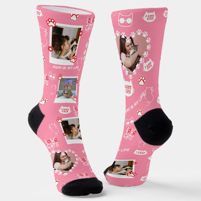 Custom Pet Cat Photo Collage Socks With Name (Angled)