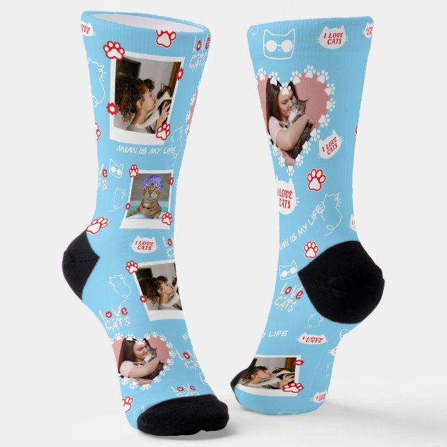 Custom Pet Cat Photo Collage Socks With Name (Angled)