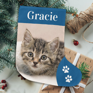 Custom Pet Cat Photo Holiday Blue Personalised Large Christmas Stocking