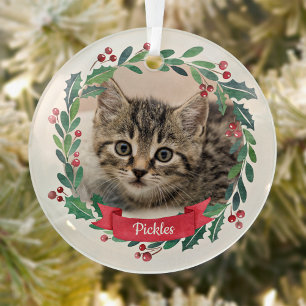 Custom Pet Cat Photo Watercolor Wreath Christmas Glass Tree Decoration
