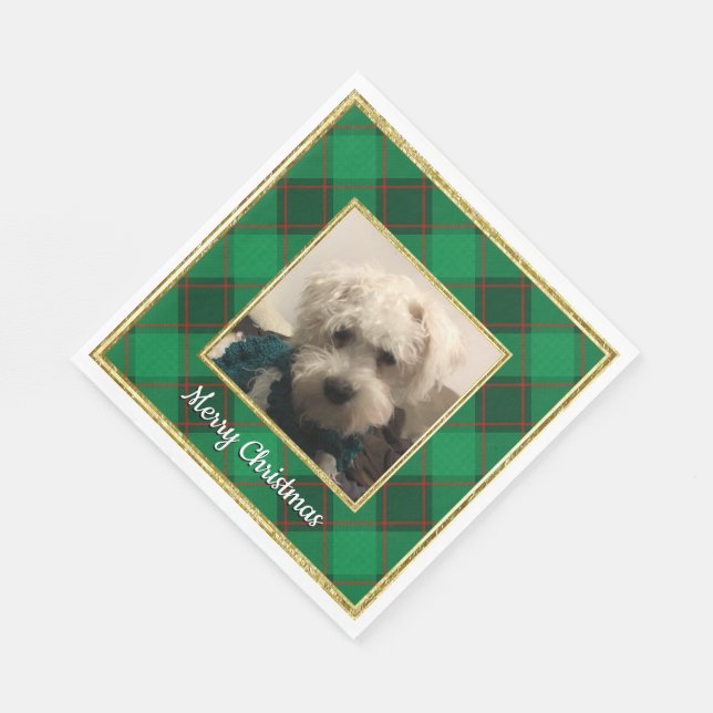 Custom Pet Christmas Photo Frame Red & Green Plaid Napkin (Corner)