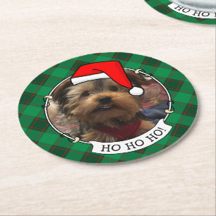 Custom Pet Christmas Photo Frame Red & Green Plaid Round Paper Coaster