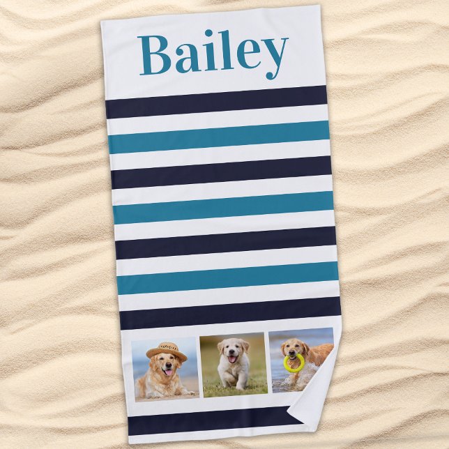 Custom Pet Dog 3 Photo Collage Aqua Blue Stripe Beach Towel (Creator Uploaded)