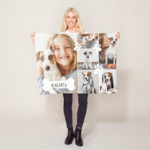 Custom Pet Dog Bone & Paw Print Photo Collage Fleece Blanket