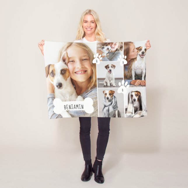 Custom Pet Dog Bone & Paw Print Photo Collage Fleece Blanket (In Situ)