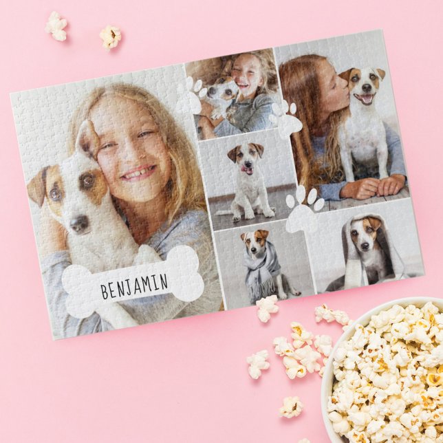 Custom Pet Dog Bone & Paw Print Photo Collage Jigsaw Puzzle (Creator Uploaded)