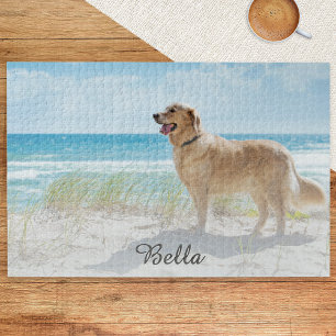 Custom Pet Dog Photo and Script Font Name Jigsaw Puzzle