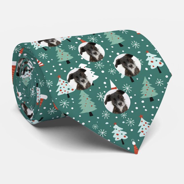 Custom Pet Dog Photo Christmas Pattern Green Tie (Rolled)
