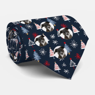 Custom Pet Dog Photo Christmas Tree Pattern Navy Tie