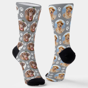 Custom Pet Dog Photo Grey Mismatched Paw Prints Socks