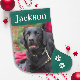 Custom Pet Dog Photo Holiday Green Personalised Large Christmas Stocking