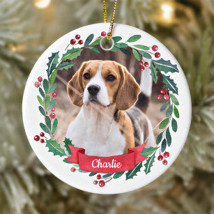Custom Pet Dog Photo Watercolor Wreath Christmas Ceramic Tree Decoration