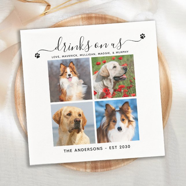 Custom Pet Dog Wedding 4 Photo Drinks On Us Bar Napkin (Creator Uploaded)