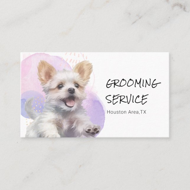 Custom Pet Grooming Service – Playful Watercolor Business Card (Front)