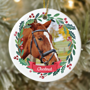 Custom Pet Horse Photo Watercolor Wreath Christmas Ceramic Tree Decoration