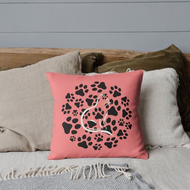 Custom Pet Lover Cat Black Paw Pattern On Salmon Cushion (Creator Uploaded)