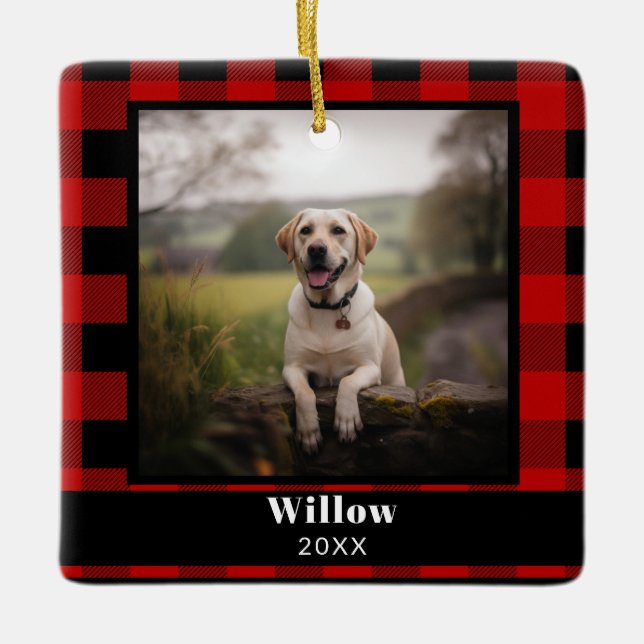 Custom Pet Memorial Photo Buffalo Plaid Ceramic Ornament (Front)