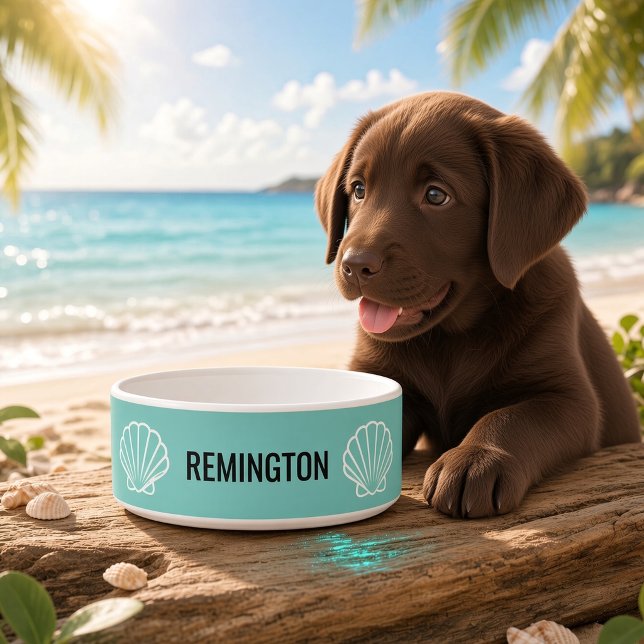 Custom Pet Name Beach Sea Shells Teal (Personalized ceramic pet bowl with while outline seashell art around the outside of the bowl.)