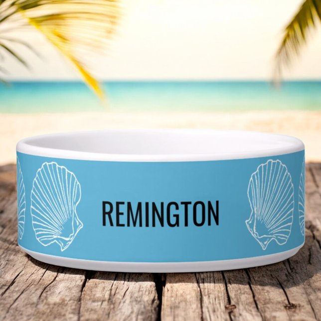 Custom Pet Name Beach Seashells Teal Bowl (custom pet bowl front)