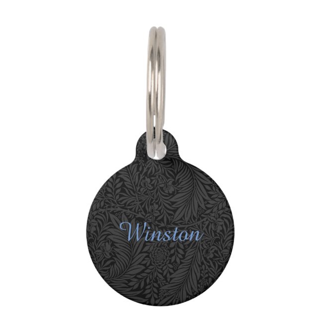Custom Pet Name Black Botanical Blue Script Tag (Front)