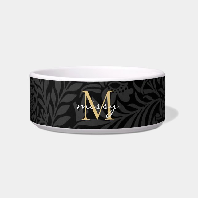 Custom Pet Name Black Botanical Gold Script Bowl (Front)