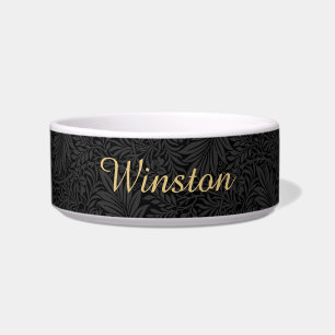Custom Pet Name Black Botanical Gold Script Bowl