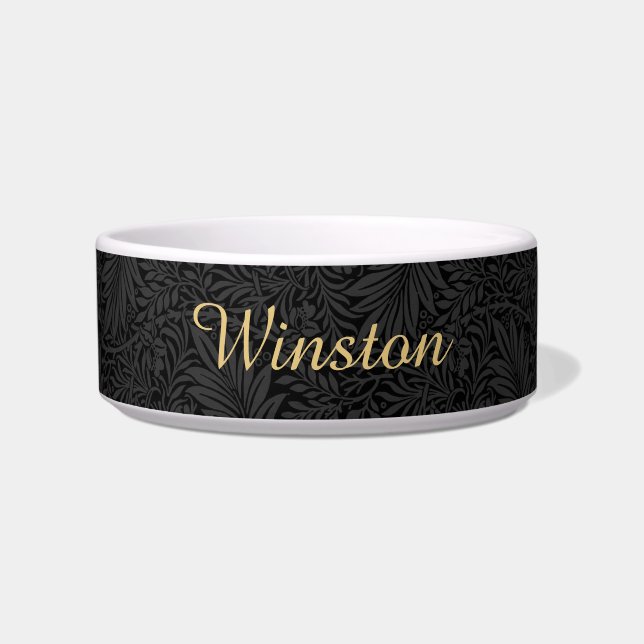 Custom Pet Name Black Botanical Gold Script Bowl (Front)