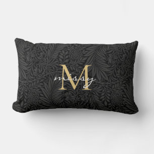 Custom Pet Name Black Botanical Gold Script Lumbar Cushion