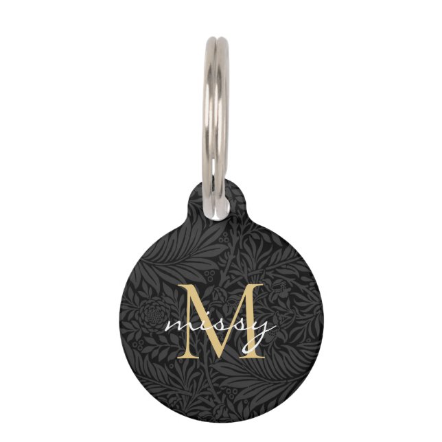 Custom Pet Name Black Botanical Gold Script Tag (Front)