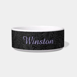 Custom Pet Name Black Botanical Lavender Script Bowl
