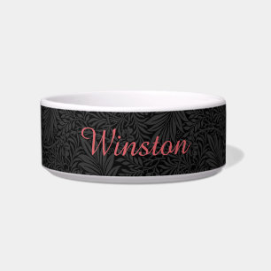 Custom Pet Name Black Botanical Red Script Bowl