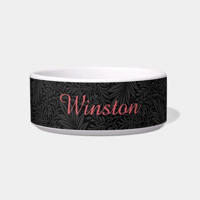 Custom Pet Name Black Botanical Red Script Bowl (Front)