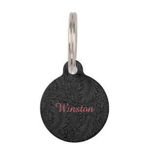 Custom Pet Name Black Botanical Red Script Tag