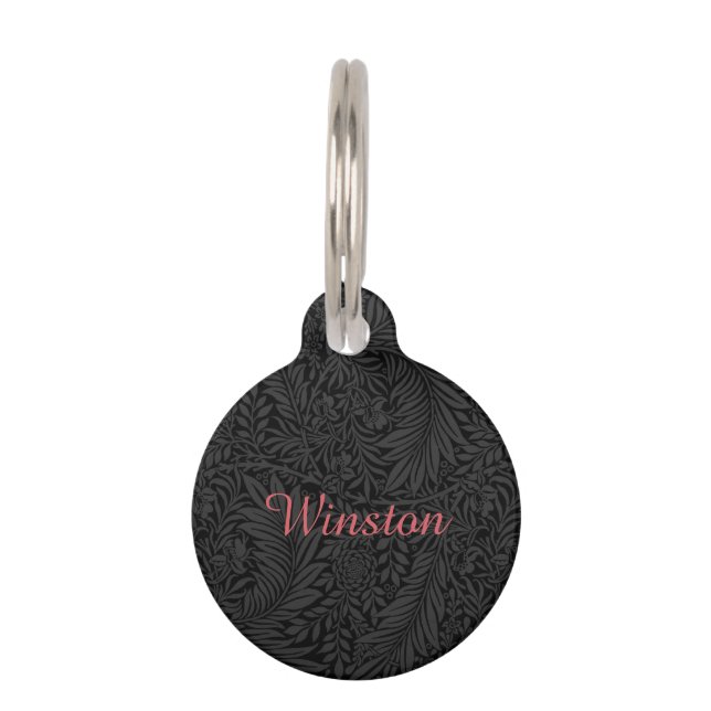 Custom Pet Name Black Botanical Red Script Tag (Front)