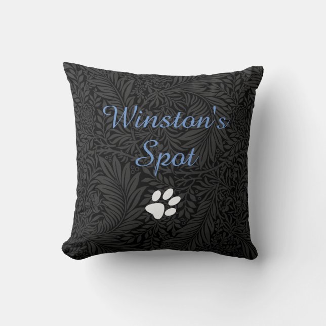 Custom Pet Name Black Floral Blue Script  Cushion (Front)